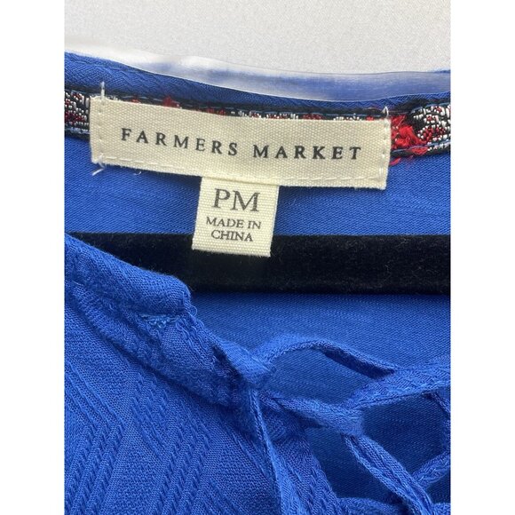 Farmers Market Women's Blouse Petite Medium 100% Rayon Lace V-Neck Boho Blue - Picture 2 of 13
